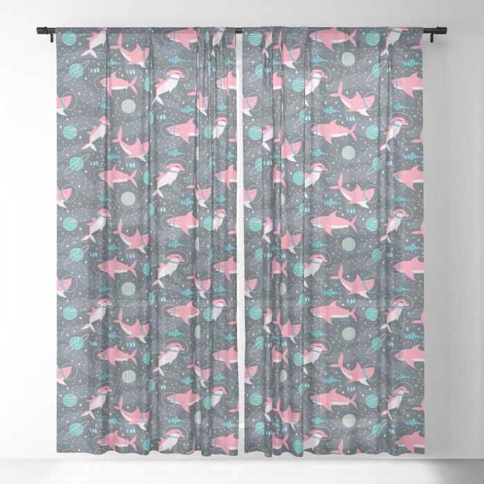 Pink Space Sharks Sheer Curtain