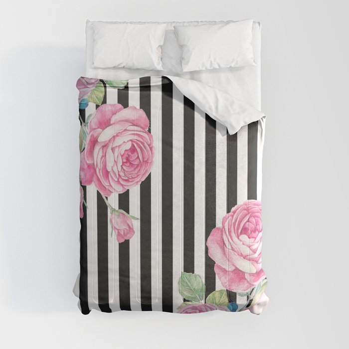 Black white blush pink watercolor floral stripes Comforter