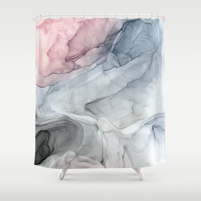 Pastel Blush Grey And Blue Ink Clouds Painting Shower Curtain By