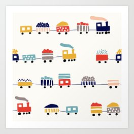 Seamless pattern with cute color trains Art Print
