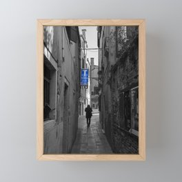 Black and White Venice Street Photography with a Blue Sign Framed Mini Art Print