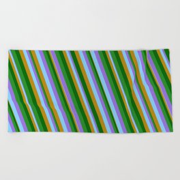 [ Thumbnail: Vibrant Purple, Light Sky Blue, Dark Goldenrod, Dark Green, and Forest Green Colored Lines Pattern Beach Towel ]