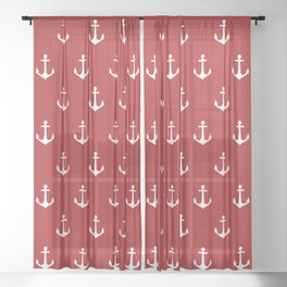 Maritime Nautical Red and White Anchor Pattern - Medium Size Anchors Sheer Curtain