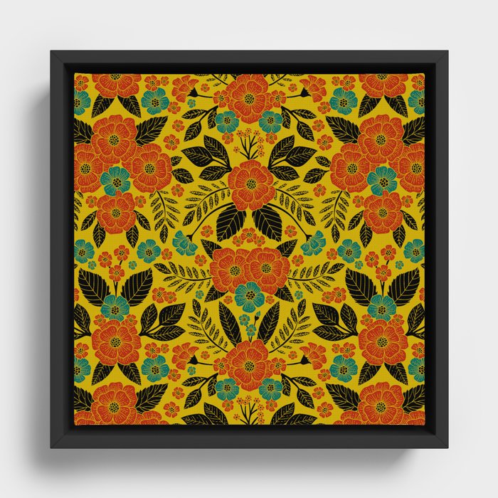Vibrant Floral Pattern - Mustard Yellow, Orange & Teal Framed Canvas