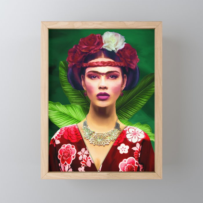 Classic digital oil painting of Asian women with traditional clothing and flowers in her hair Framed Mini Art Print