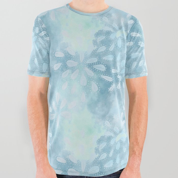 Blue Batik Leaves Pattern All Over Graphic Tee
