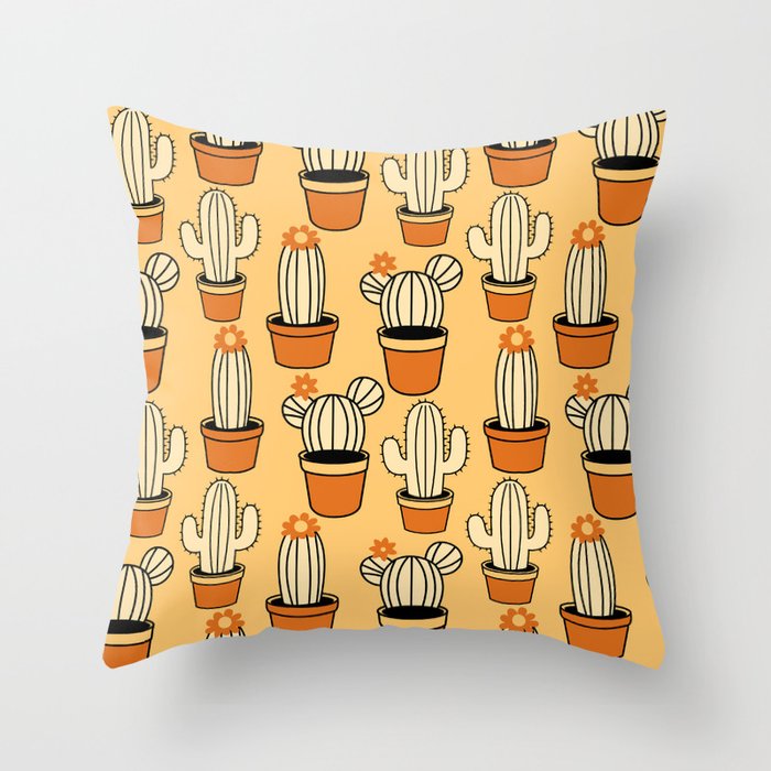 Hand Drawn Cactus Pattern - Orange & Brown Throw Pillow