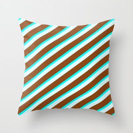 [ Thumbnail: Brown, Aqua & Light Cyan Colored Lined Pattern Throw Pillow ]