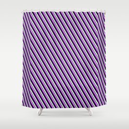 [ Thumbnail: Eye-catching White, Slate Gray, Violet, Indigo, and Black Colored Lined Pattern Shower Curtain ]