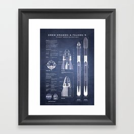 NASA SpaceX Crew Dragon Spacecraft & Falcon 9 Rocket Blueprint in High Resolution (dark blue) Framed Art Print