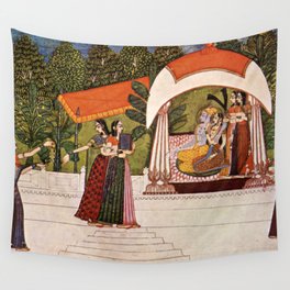 Indian Masterpiece: Krishna and Radha in a pavilion portrait painting Wall Tapestry
