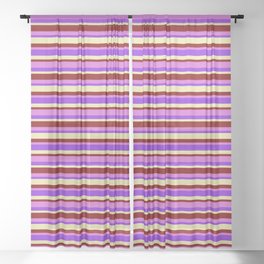 [ Thumbnail: Maroon, Orchid, Purple & Pale Goldenrod Colored Stripes/Lines Pattern Sheer Curtain ]