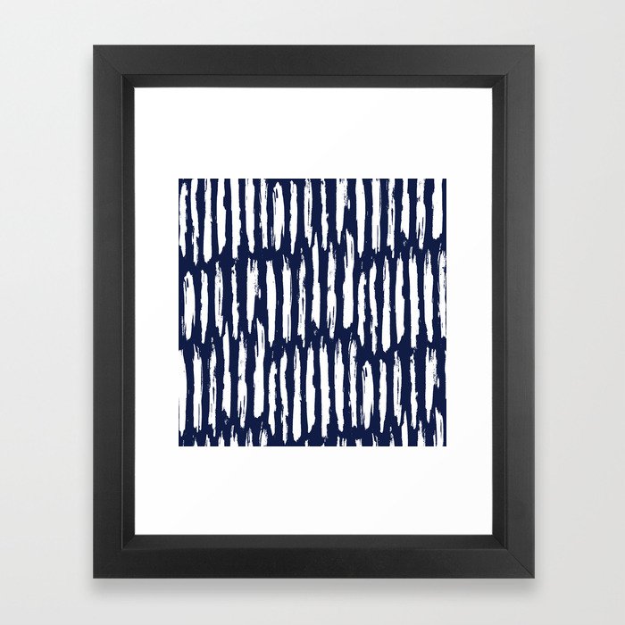Vertical Dash White on Navy Blue Paint Stripes Framed Art Print