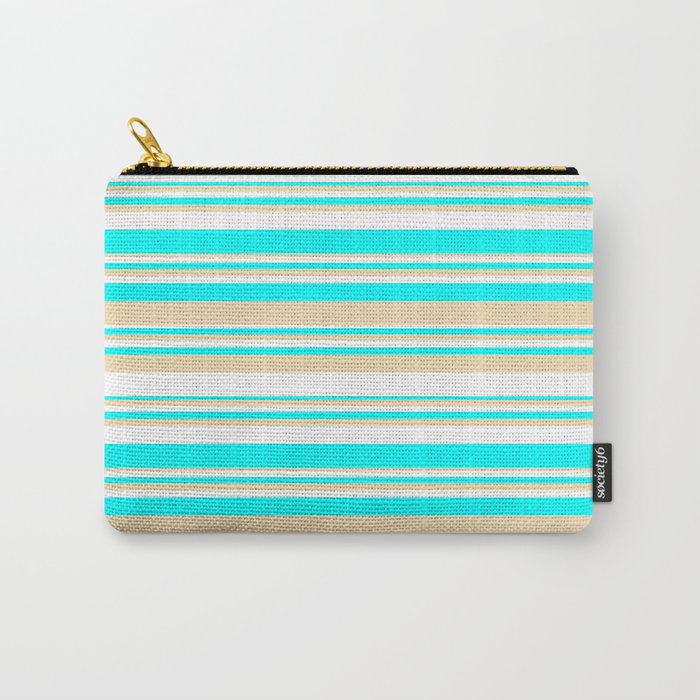 White, Aqua & Tan Colored Striped/Lined Pattern Carry-All Pouch