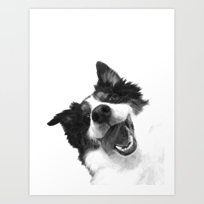 Black and White Happy Dog Art Print by 