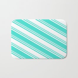 [ Thumbnail: White and Turquoise Colored Lined/Striped Pattern Bath Mat ]
