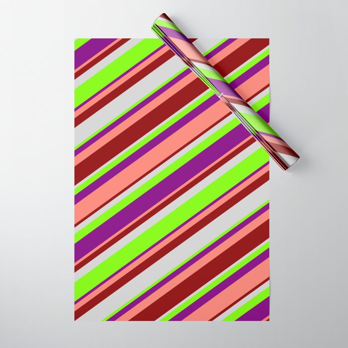 Light Grey, Green, Purple, Salmon, and Dark Red Colored Striped Pattern Wrapping Paper