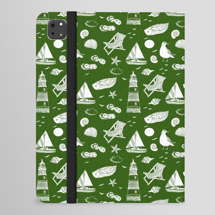 Green And White Summer Beach Elements Pattern iPad Folio Case