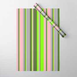[ Thumbnail: Light Pink, Dark Grey, Dark Olive Green, and Chartreuse Colored Lines/Stripes Pattern Wrapping Paper ]