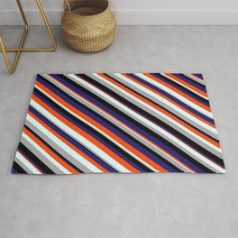 [ Thumbnail: Eye-catching Red, Light Cyan, Dark Grey, Black, and Midnight Blue Colored Stripes Pattern Rug ]