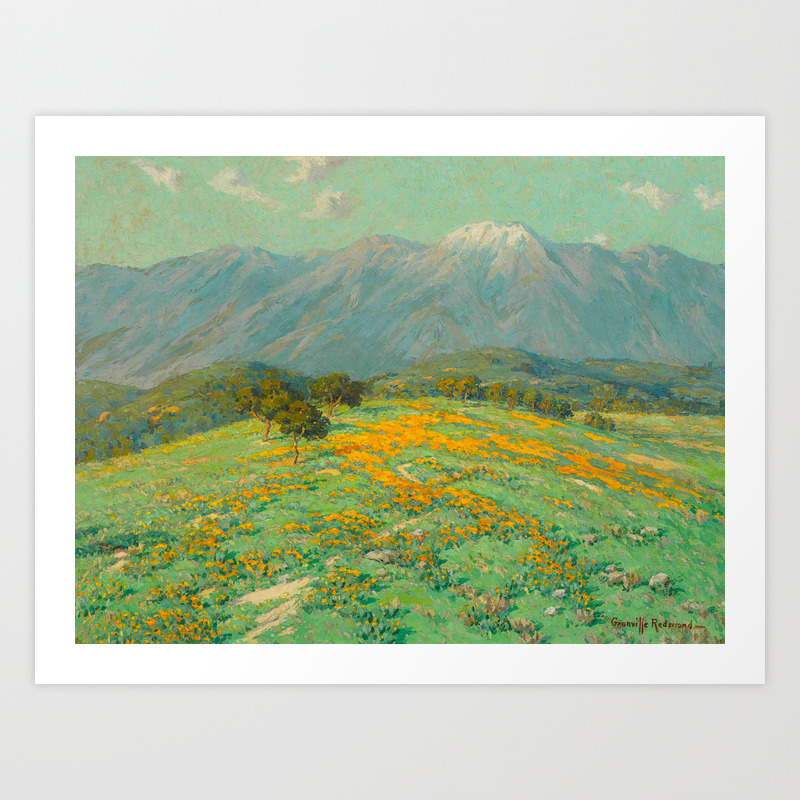Granville Redmond Snow Cap Spring Landscape Painting Orange Flowers Green Field Art Print By Enshape Society6