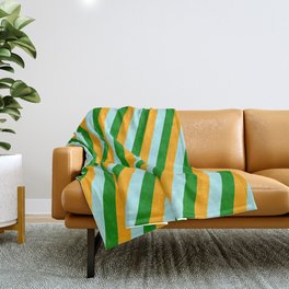 [ Thumbnail: Orange, Turquoise, and Green Colored Lined Pattern Throw Blanket ]