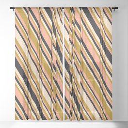 [ Thumbnail: Bisque, Dark Goldenrod, Light Salmon & Black Colored Stripes/Lines Pattern Sheer Curtain ]