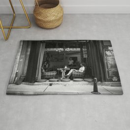 Morning coffee in a cafe - Black and white street photography Rug