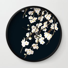 white plum flowers blossom in black background watercolor Wall Clock