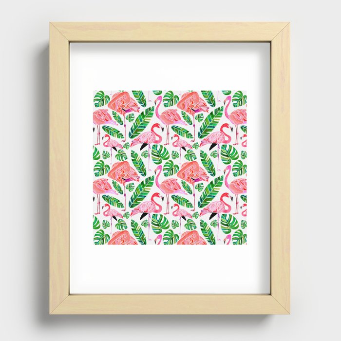 Flamingos and Tropical Leaves Pattern Recessed Framed Print