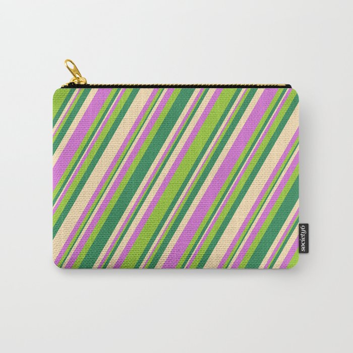 Orchid, Green, Sea Green, and Beige Colored Stripes Pattern Carry-All Pouch