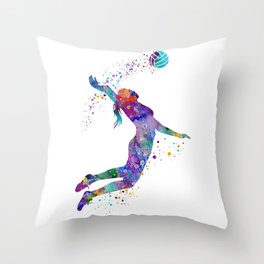 Volleyball Girl Colorful Blue Purple Watercolor Artwork Throw Pillow