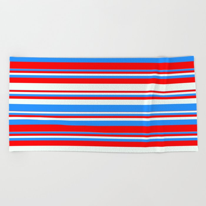 Blue, Red & Mint Cream Colored Stripes Pattern Beach Towel