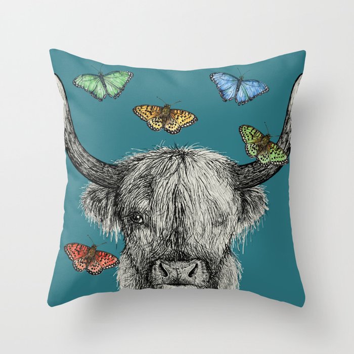 Heather the Highland Cow, Butterflies, pen and ink illustrations, blue Throw Pillow