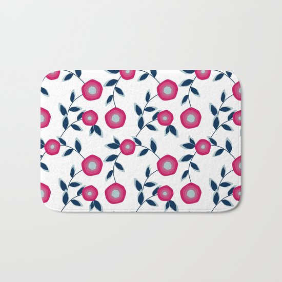 Red flowers on a white background. Bath Mat