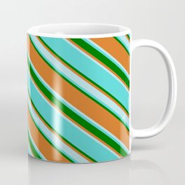 [ Thumbnail: Turquoise, Dark Green, Chocolate & Powder Blue Colored Lines Pattern Coffee Mug ]