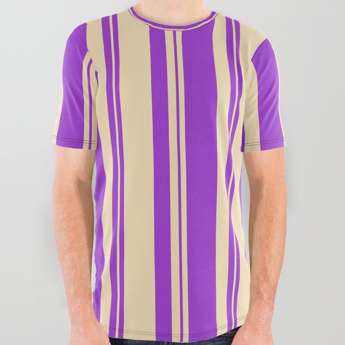 Dark Orchid and Tan Colored Pattern of Stripes All Over Graphic Tee