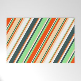 [ Thumbnail: Light Green, Red, Tan, White, and Dark Slate Gray Colored Striped Pattern Welcome Mat ]