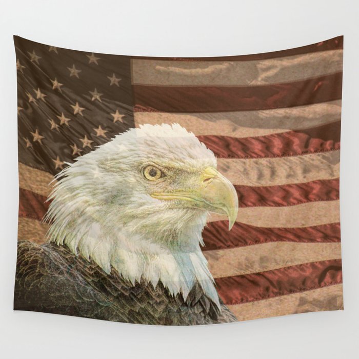 Rustic Bald Eagle on American Flag A213 Wall Tapestry by Rusted