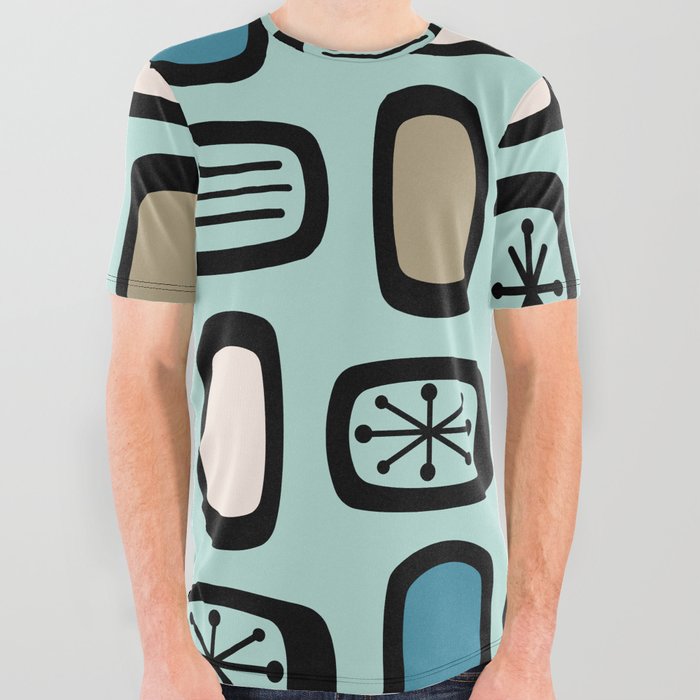 Midcentury MCM Rounded Rectangles Aquamarine All Over Graphic Tee