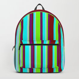 [ Thumbnail: Cyan, Powder Blue, Chartreuse, Purple & Dark Red Colored Lines/Stripes Pattern Backpack ]