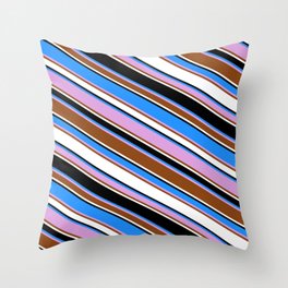 [ Thumbnail: Blue, Plum, Brown, White & Black Colored Lined/Striped Pattern Throw Pillow ]