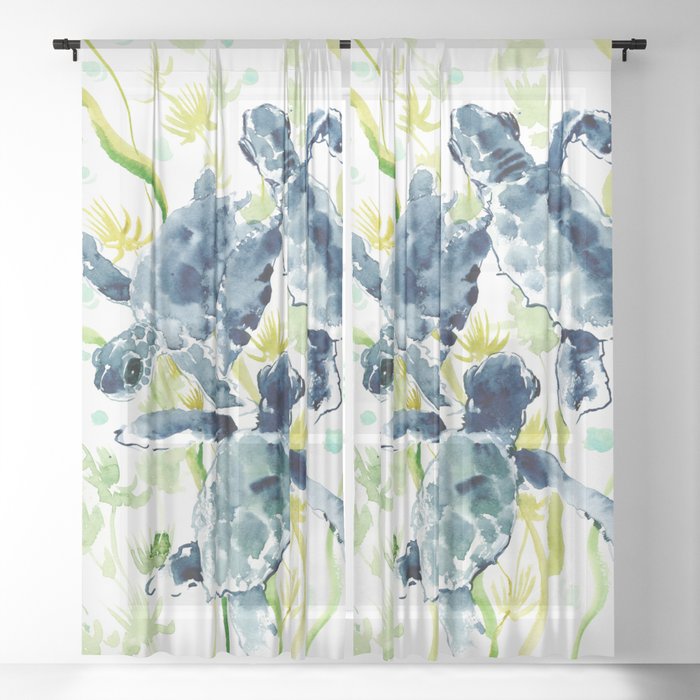 Sea Turtles , Indigo Blue Olive green Turtle art Sheer Curtain