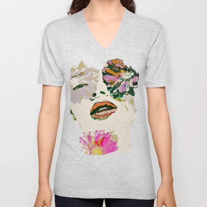 Woman In flowers V Neck T Shirt