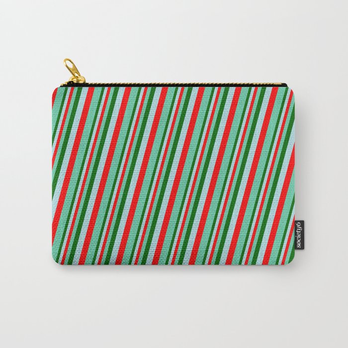 Dark Green, Powder Blue, Red & Aquamarine Colored Pattern of Stripes Carry-All Pouch
