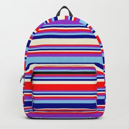 [ Thumbnail: Eye-catching Beige, Red, Dark Orchid, Sky Blue, and Dark Blue Colored Stripes/Lines Pattern Backpack ]
