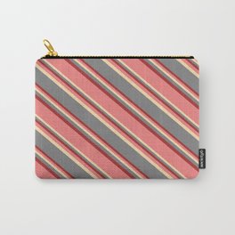 [ Thumbnail: Light Coral, Tan, Gray & Brown Colored Striped Pattern Carry-All Pouch ]