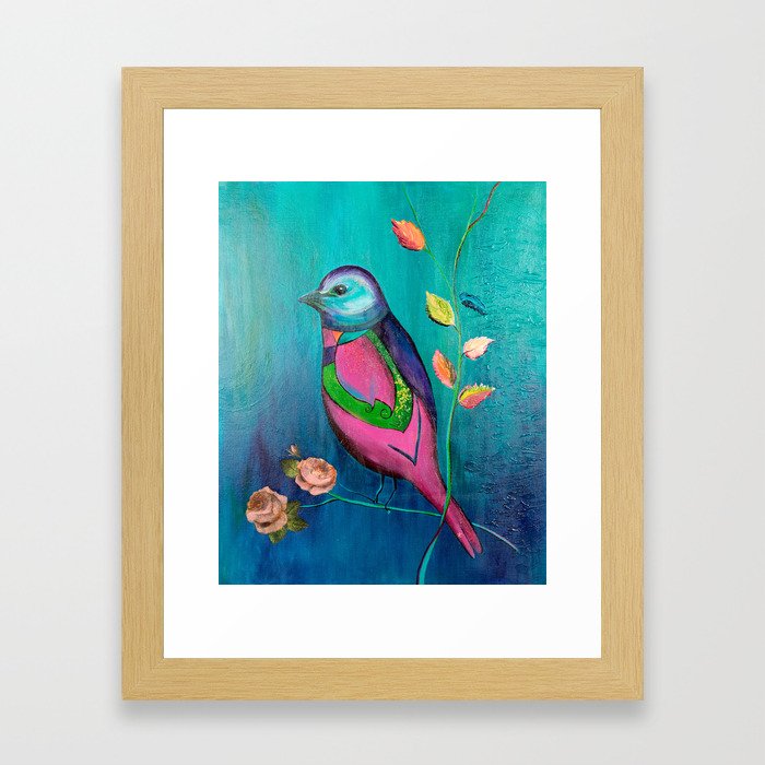 Colorful bird with roses Framed Art Print