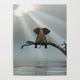 elephant and dog sit on a tree during a flood Poster