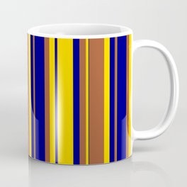 [ Thumbnail: Yellow, Sienna & Blue Colored Striped Pattern Coffee Mug ]